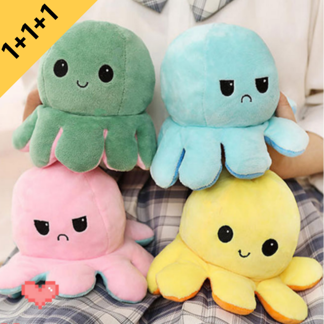 몽그리아 [1+1+1] 양면문어 어린이날선물 리버시블 문어인형, 주황(+노랑), 핑크(+하늘), 파랑(+하늘)