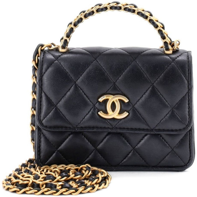 샤넬 중고 우븐 탑 핸들 CC 플랩 클러치 체인 퀼팅 램스킨 스몰 사첼 백