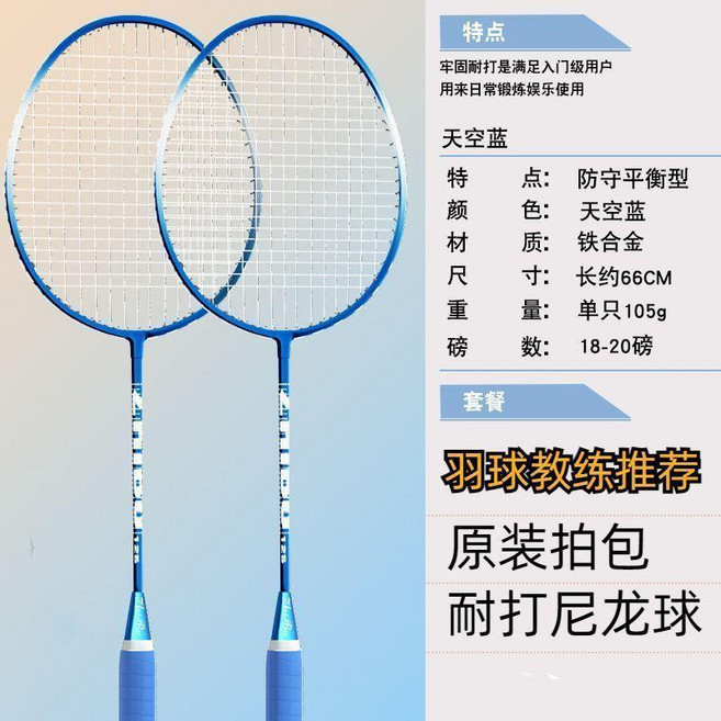 羽毛球拍成人耐打雙拍兒童小學生球拍訓練套裝2支, 1個, 超級耐打款藍 送3球+排包, 超級耐打款藍