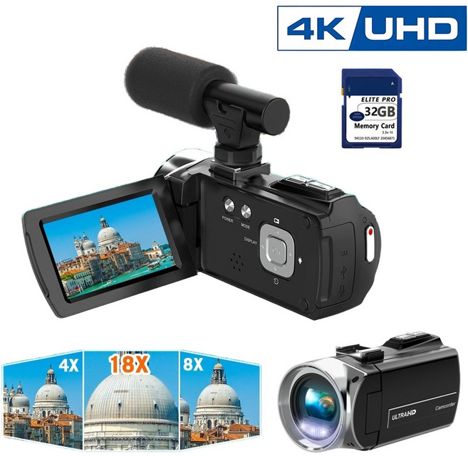 EMITAIM 4K 고화질 디지털 카메라 DV 비디오 레코더 비디오 캠코더 디지털 줌18x, HDV8162-Plus