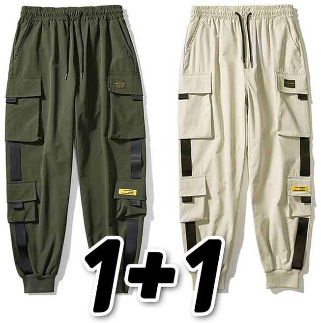 1+1 남성 여름 아이스 카고팬츠 빅사이즈 캐주얼 조거팬츠 데일리 작업복 쿨바지 와이드핏