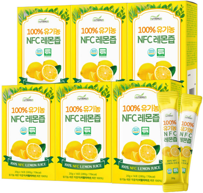 8.2brix보장 물한방울 섞지 않은 유기농 100% NFC 레몬즙 스틱 레몬수 레몬물 원액, 280g, 6박스