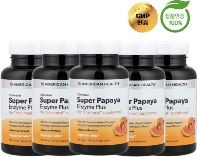 3+2 어메리칸 헬스 슈퍼 츄어블 파파야 엔자임 플러스 180정, 5개 - 쿠팡