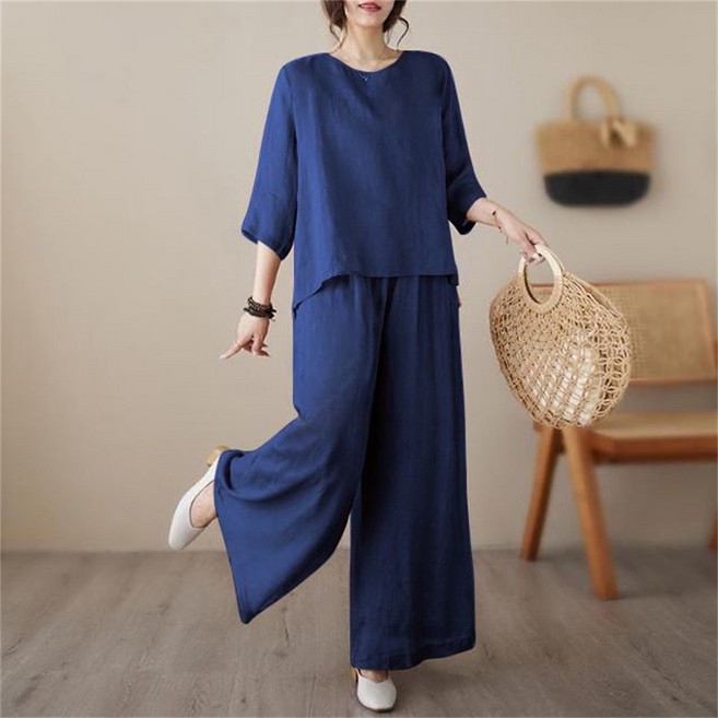 Vezri 여성 봄 가을 캐주얼 넉넉한 린넨 세트 여름 라운드넥 7부 소매 와이드 팬츠 세트