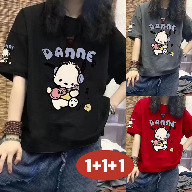 오스틱니 (완전 추천) 75kg까지 빅사이즈 1+1+1 여성 프린트 귀여운 반팔 티셔츠 여름 편한 심플 데일리 소프트 쿨 루즈핏 날씬해보이는 라운드넥 캐주얼 3종