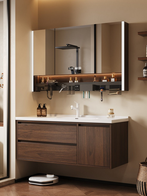 中古風智能浴室櫃組合 掛牆式, H2胡桃木色120公分普通半鏡【陶瓷平盆+白圓抽拉】