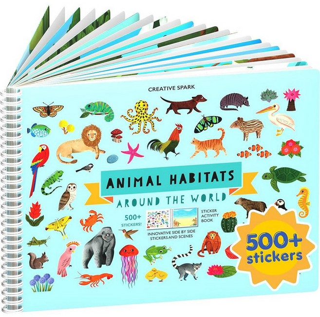 Cupkin Animal Habitat 500+ 아동용 스티커 북 유아 비행기 여행 활동 컬러링 및 로드 트립 필수품 페이지 12장 + 2~8세용 12가지 장면, Animal Habitats