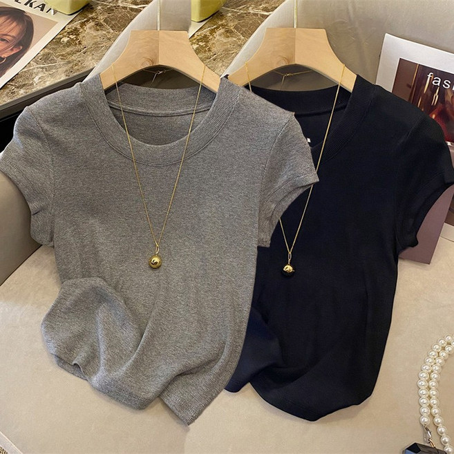 POMTOR 1+1 여성용 라운드넥 슬림핏 숏 반팔티 베이직 심플 데일리 반팔 티셔츠