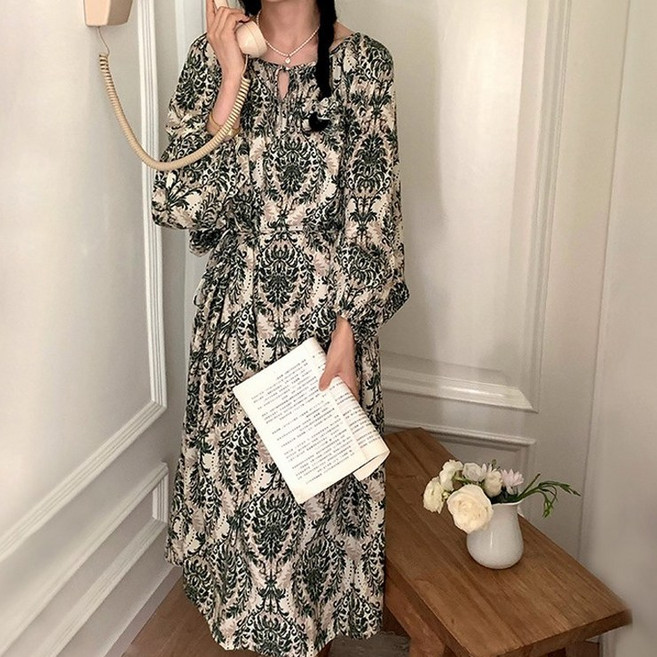 어나더뷰 2193 [벨트+머리끈set/비스코스/빅사이즈] 벌룬 긴팔 원피스 파자마 잠옷 홈웨어 레이온 루즈핏 오버핏 퍼프 셔링 간절기