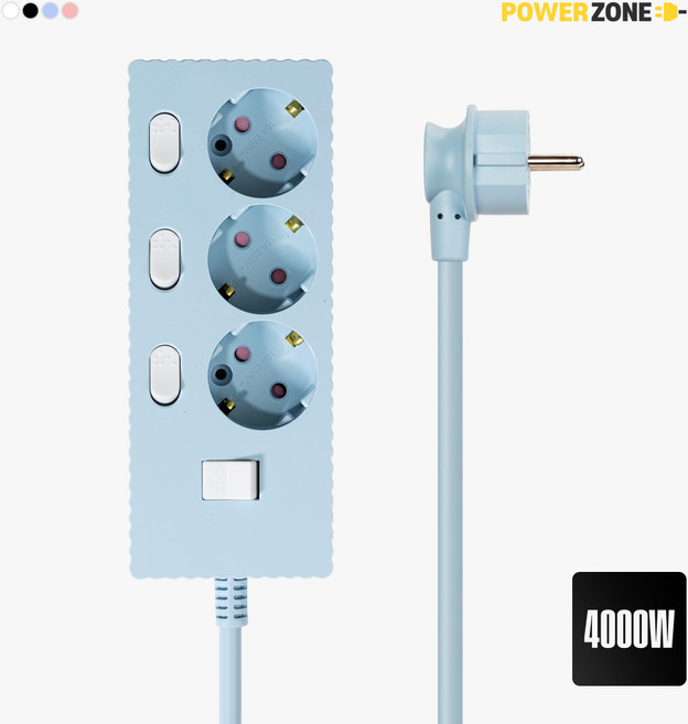파워존 웨이브 고용량 개별스위치 멀티탭 과부하차단 3구 멀티콘센트 전기코드 50cm 1.5m 3m 5m 7m, 1개, 파스텔블루