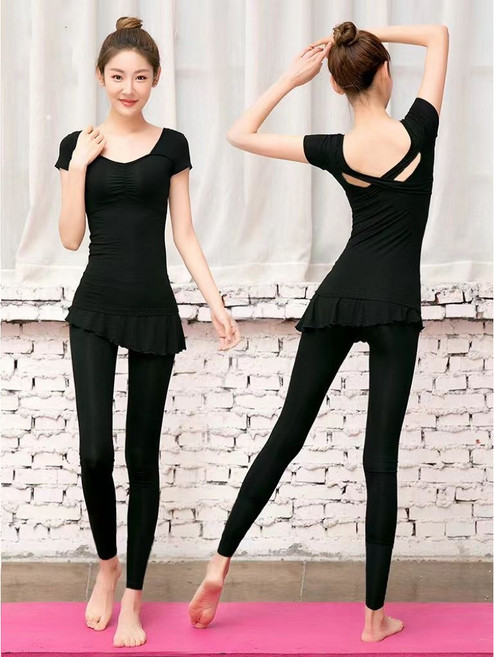 여자 요가 상하의 세트 모달 반팔 티셔츠 + 슬림핏 레깅스 여름 요가복 세트 LT