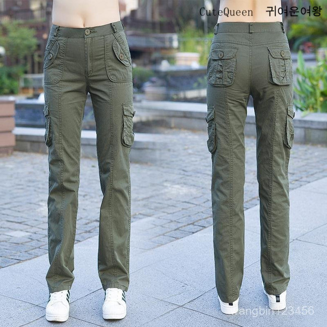 CuteQueen 귀여운여왕 카고바지 여 여름 얇은 멀티 포켓 캐주얼 바지 하이웨스트 일자바지 순면 여자바지
