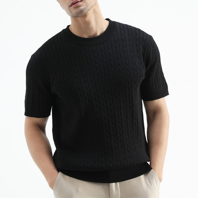 글리멜로 남자 여름 라운드 꽈배기 니트 반팔 티셔츠