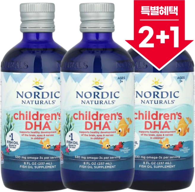 [2+1] 노르딕네추럴스 칠드런스 DHA 오메가3 530mg 1세 이상 딸기맛 237ml / 해외직구 미국정품, 3개 - 쿠팡