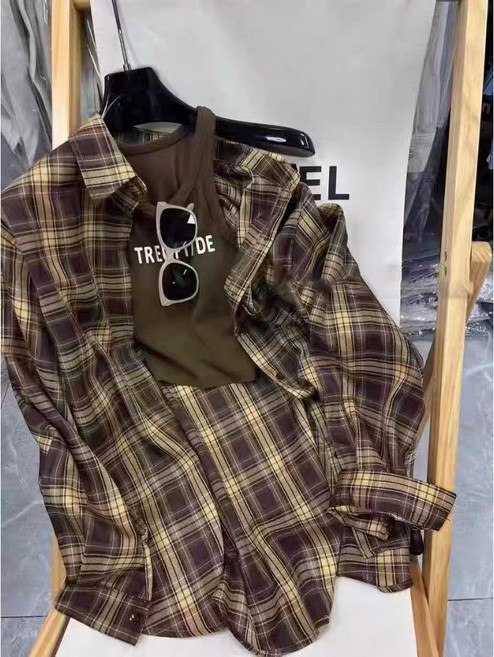 格紋襯衫小可愛套裝 兩件式長袖襯衫 - 女生