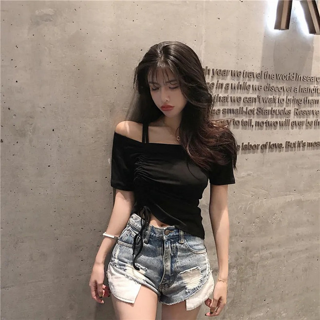 라라티나 카런 여성 여름 오픈숄더 스트링 반팔티셔츠