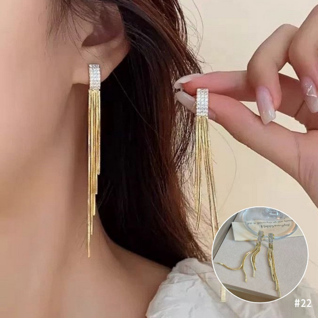 金色鑲鑽氣質流蘇夾式耳環