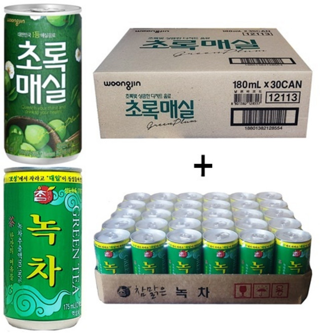 웅진 초록매실 180ml(30캔) + 참맑은 녹차 175ml(30캔), 60개, 180ml