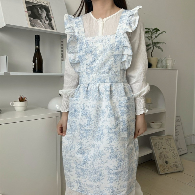 걸스코코 루시앙 프릴 앞치마 플로리스트 고급 원피스 주방앞치마, 1개, 블루