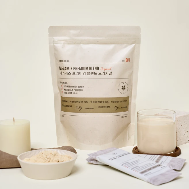 메가믹스 프리미엄 블렌드 오리지널 식물성 단백질쉐이크 15곡 유산균 분말, 490g, 1개 - 쿠팡