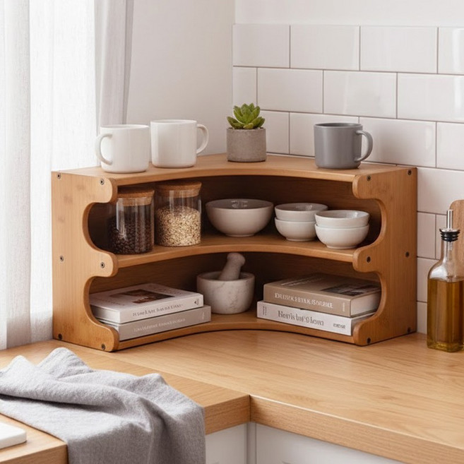 쿠리브 수납선반 책상 주방 정리 다용도다용도선반 천연 소재 컵정리대, 3단, 월넛