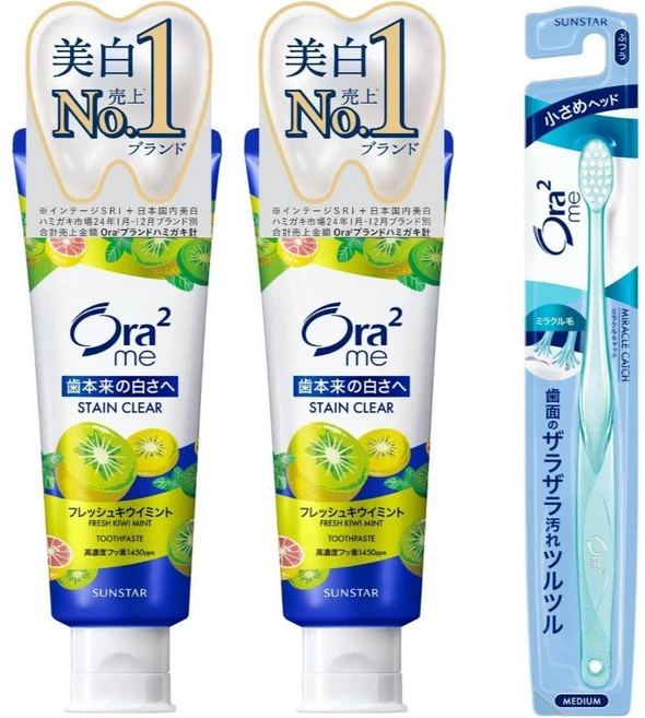 Ora2 Me 스테인 클리어 민트 키위 (130 g) x 2 + 칫솔 포함 - 쿠팡