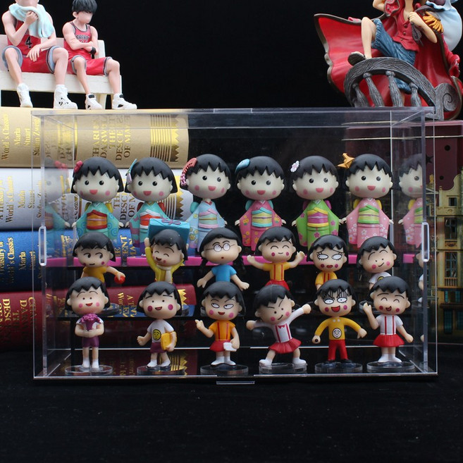 생일 사키코 도라에몽 시리즈 치비마루코쨩 마루코는 아홉살 피규어 키링 아즈망가대왕 친구 토모조 가족 인형, 피규어+전시케이스+led램프+핸드백(배달), 1개
