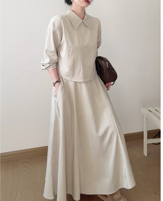 LIONHU 앞뒤 착용 가능 뒷단추 투피스 세트 캐주얼 봄 가을 루즈핏 긴팔 블라우스 + 밴딩 롱스커트 데일리룩