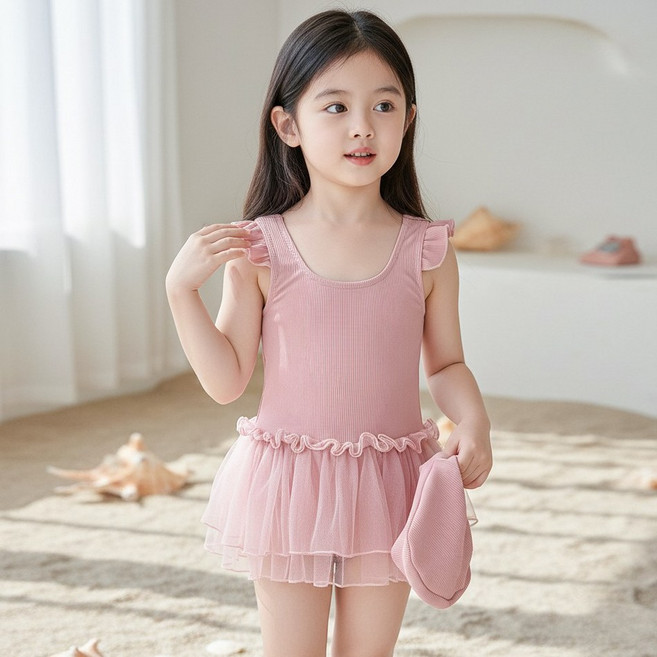 달콩슈 여아용 프릴 리본 원피스 수영복 세트 수영모 DSW617