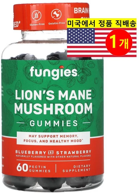 Fungies 사자 갈기 버섯 추출 500mg 블루베리 딸기 구미 Lions Mane Mushroom, 1개, 60정 - 쿠팡