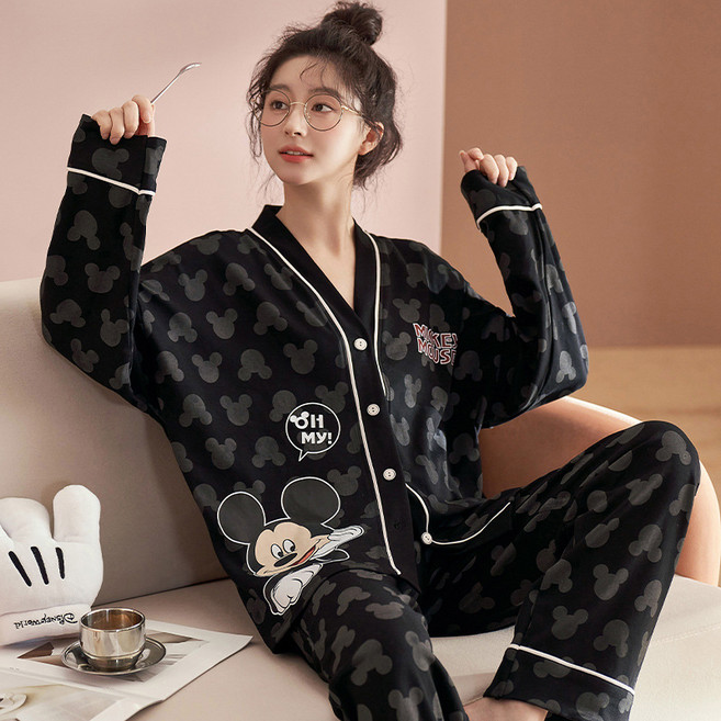 Y.GA 봄 가을 겨울 ins 귀여운 여자 잠옷 세트 여성 편안한 홈웨어 캐주얼 순면 잠옷 브이넥 긴팔 바지 라지 사이즈 헐렁한 파자마 실내외 공용