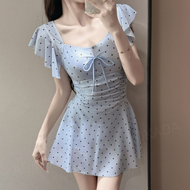 Vigik 여성 여름 모노키니 도트 반팔 수영복 원피스 체형커버 바캉스 휴양지 원피스 스윔웨어, 블루