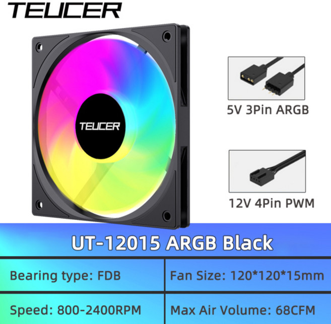 TEUCER UT-12015 ARGB 팬 120mm 얇은 컴퓨터 팬 FDB 베어링 ARGB 조명 효과 섀시 CPU 팬에 적합한 자동 냉, 02 Black 1pcs, 01 As shown, [06] UT12015-ARGB-B