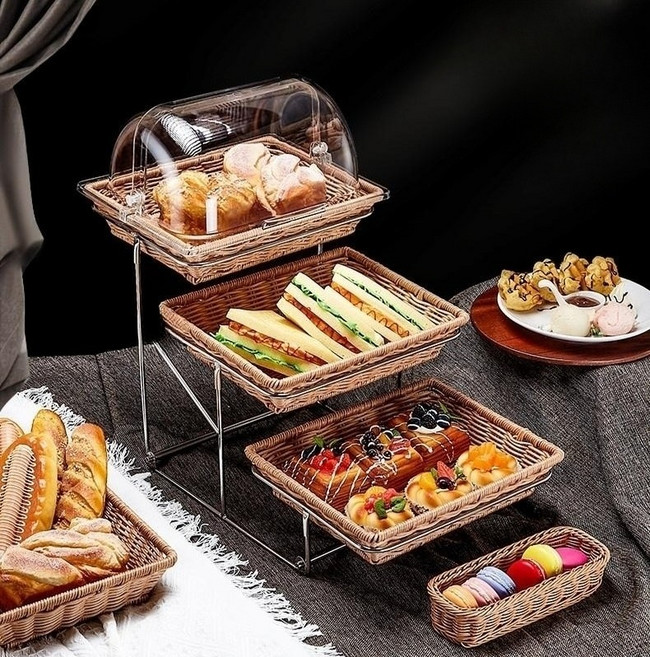 지구별 라탄 뷔페 디스플레이 다층 진열대 트레이, 2단 바구니 + 커버세트