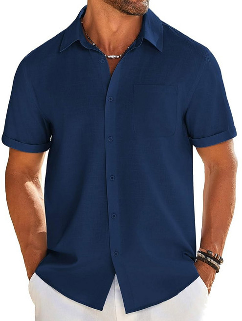 COOFANDY men's cotton linen shirt short sleeve casual shirt summer button down shirt linen beach vacation shirt