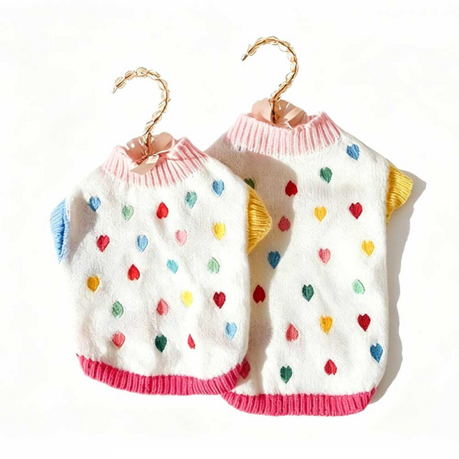 푸들 강아지 하트 니트 조끼 귀여운 다색 하트 패턴 실내용외용 소형견 하트 니트 5-7kg 소형견 무지개 하트 니트 스웨터 가을겨울 따뜻한 강아지 옷, 1개, 흰색