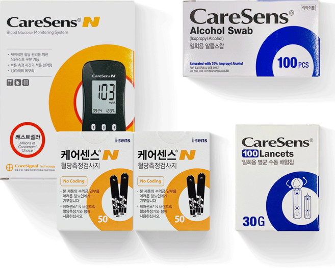 케어센스N 혈당측정기+시험지100매+채혈침100+알콜솜100, 케어센스N 100매 세트, 1세트