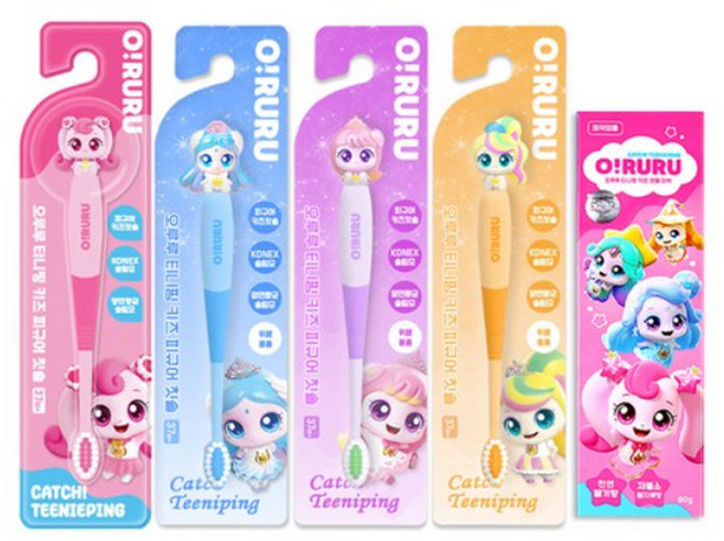 해호 캐치티니핑 피규어 키즈 어린이칫솔, 하츄핑+뽀니핑+아름핑+사뿐핑+치약, 1세트, 1개입