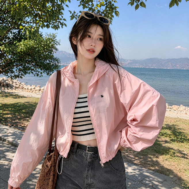 ANYOU 캔디컬러 썬프로텍션 자켓 여성 여름 가벼운 통기성 루즈핏 후드 숏 아우터