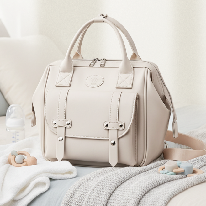디프 다용도 대용량 초경량 방수 기저귀 가방 크로스 토트백 숄더백 국민 육아가방 아기 가방 유모차 가방 스트랩 포함, 아이보리