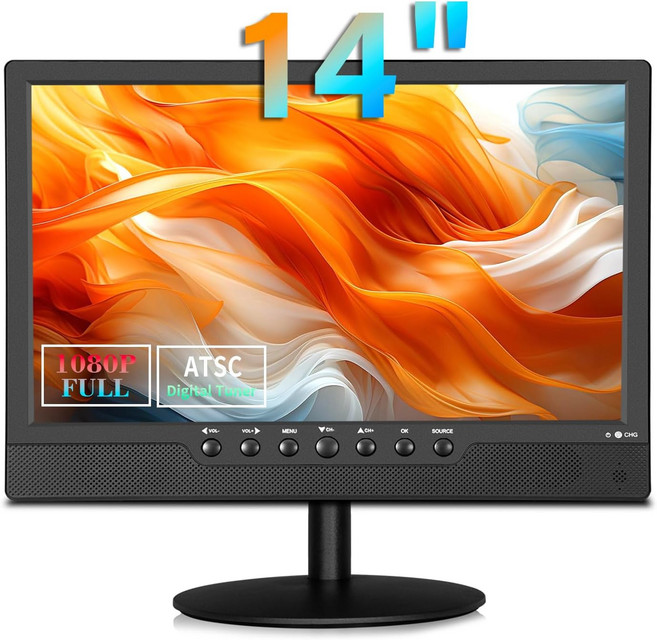 Jexiop 14인치 평면 TV 디지털 ATSC 튜너가 장착된 소형 안테나 원격 및 HDMIUSB 포트 차량주방용 12볼트 충전 케이블
