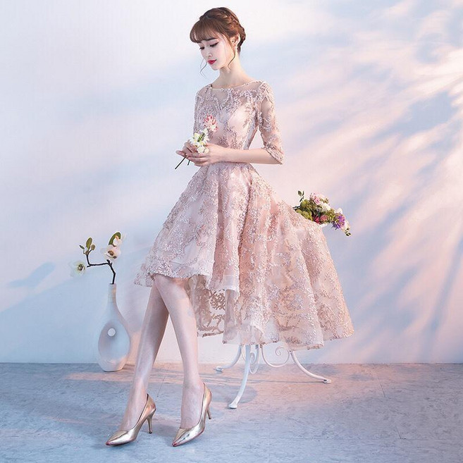 晚禮服女夏 新娘敬酒服結婚伴娘連衣裙, 卡其色中袖,4X