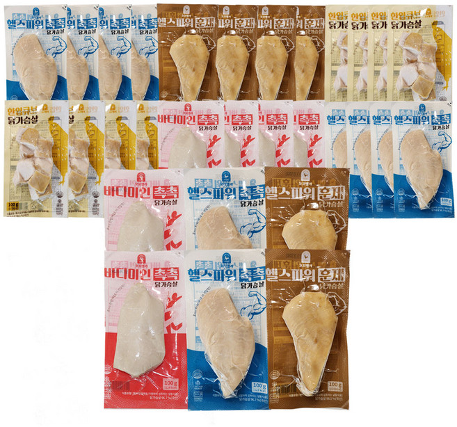 꼬꼬밸리 한달 가성비 패키지 통살촉촉 훈제 닭가슴살외 4종 혼합구성 32팩, 100g