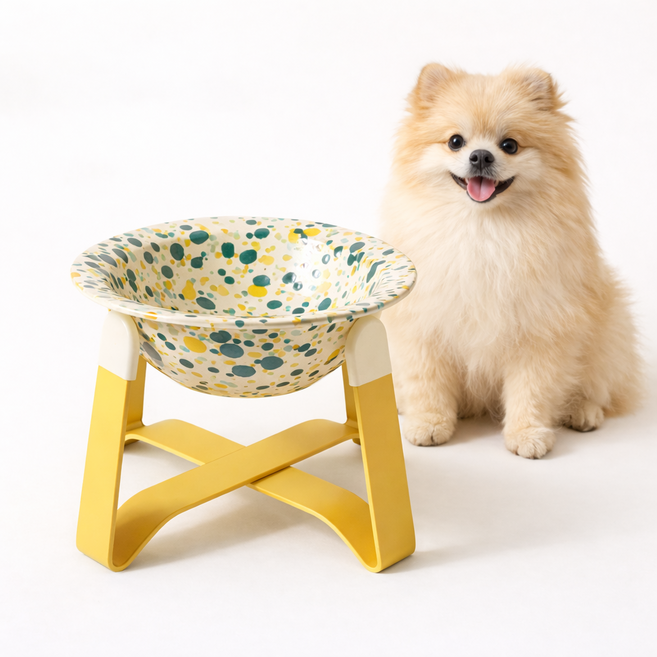 블루콤마 강아지 도자기 식기 고양이 밥그릇 스탠드 미끄럼방지, 1개, 그린