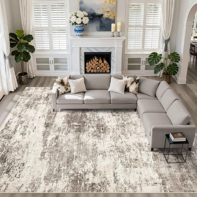 8x10 Area Rugs Living Room: Washable Large Neutral Rug Abstract Soft Modern Stain Resistant Indoor, Yak Mocha