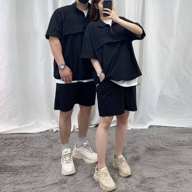 바나나2 아노락 셋업 오버핏 반팔 반바지 남여공용 커플 트레이닝 세트(6color)