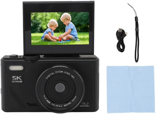 디지털 카메라 미소 감지 3인치 화면 5K 75MP HD 이미지 안정화 미러리스 사진용 18X 줌, 02 Black