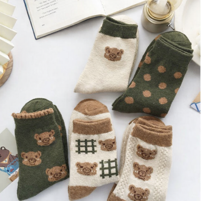 5켤레 여성용 레트로 곰돌이 양말