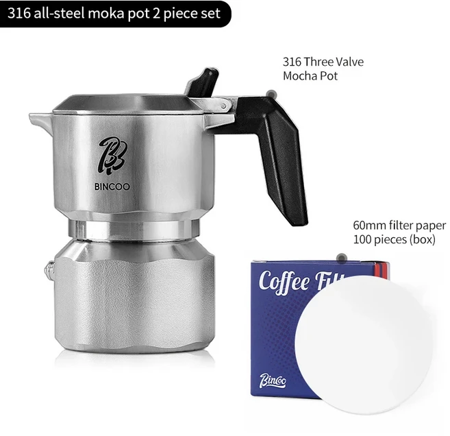 Bincoo 두꺼운 3 밸브 316 스테인레스 스틸 모카 포트 압력 집중 추출 커피 포트 홈 커피 양조 키트, 02 Moka Pot-2pcs-B