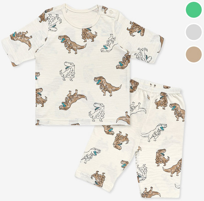 국내생산 아동용 공룡 7부 코튼모달 슬러브 봄 여름 내의 실내복 세트